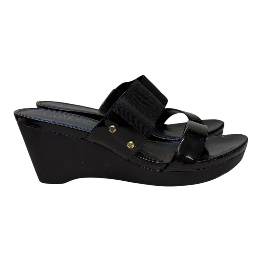 Ralph Lauren Women's Rhianna Black Sandals Slides Wedge Heel Shoes Size 9B